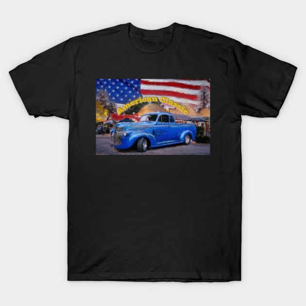 Classic Old American Truck in Blue with American Flag T-Shirt by Custom Autos